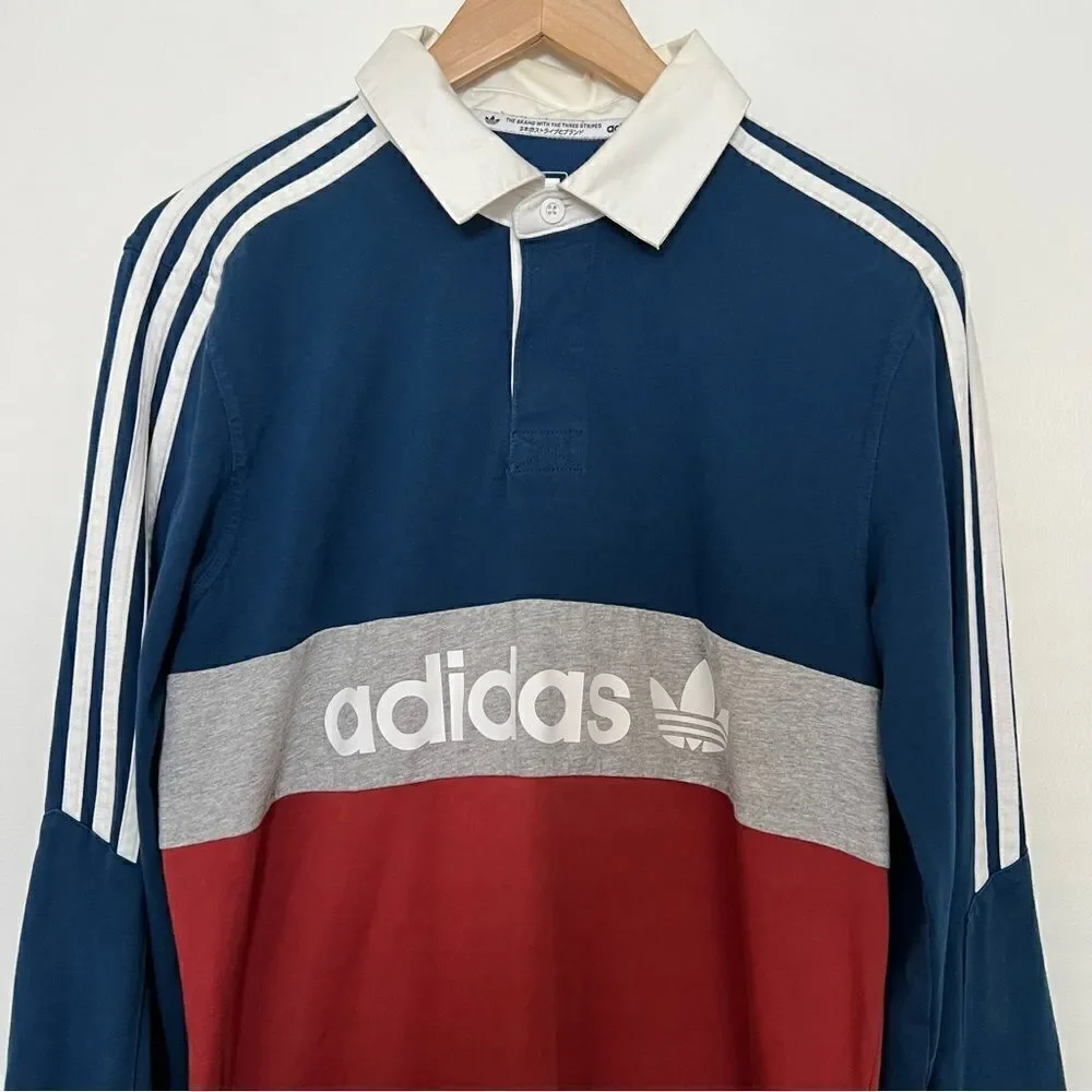 Adidas Polo Shirt Mens Size M 3-Stripes Long Sleeve Rugby Blue Red Gray